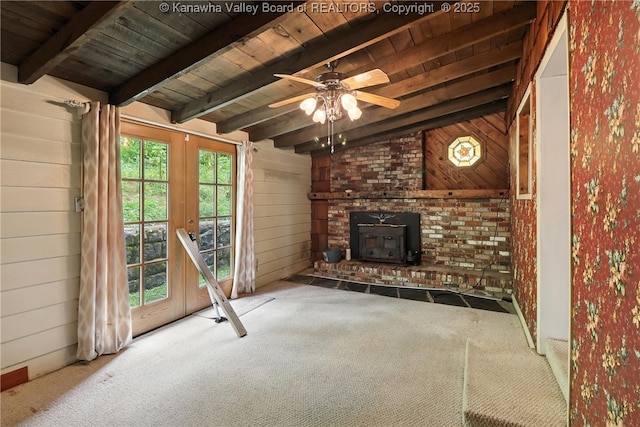 3223 Georges Dr, Saint Albans, WV 25177 - unfurnished living room with carpet, wood ceiling, french doors, wood walls, and a ceiling fan