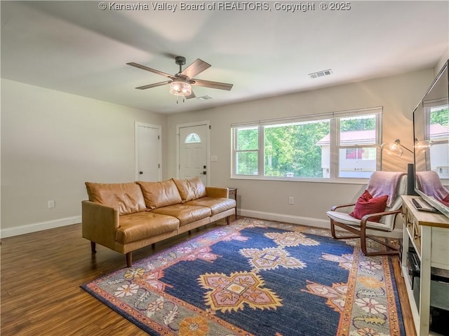 806 Whispering Way S, Charleston, WV 25303 - living room with healthy amount of natural light, a ceiling fan, and wood finished floors