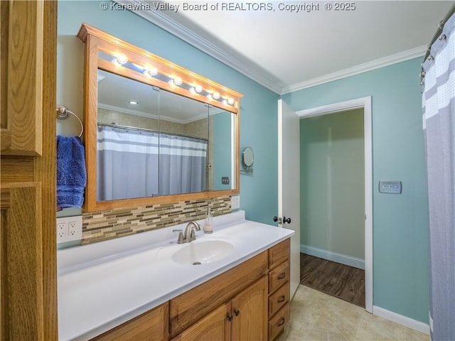 806 Whispering Way S, Charleston, WV 25303 - full bathroom with ornamental molding, vanity, backsplash, and a shower with curtain
