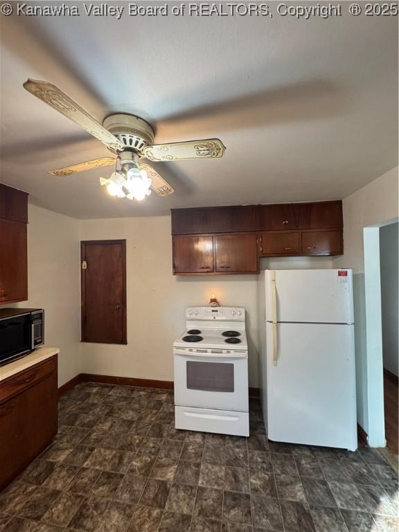 8612 Maryland Ave, Marmet, WV 25315 - kitchen featuring white appliances, a ceiling fan, and dark brown cabinetry