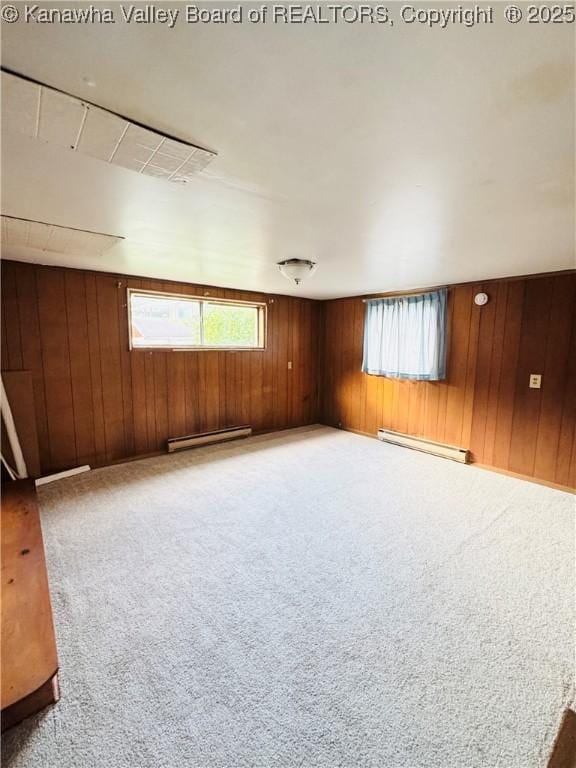 8612 Maryland Ave, Marmet, WV 25315 - spare room with a baseboard heating unit, wood walls, carpet flooring, and a baseboard radiator
