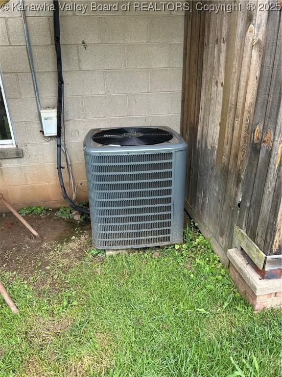 510 S Railway St, Cedar Grove, WV 25039 - exterior view of a central air condition unit and concrete block siding