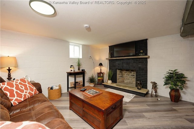 1204 Highland Dr, Saint Albans, WV 25177 - living room with light wood-type flooring, concrete block wall, and a brick fireplace
