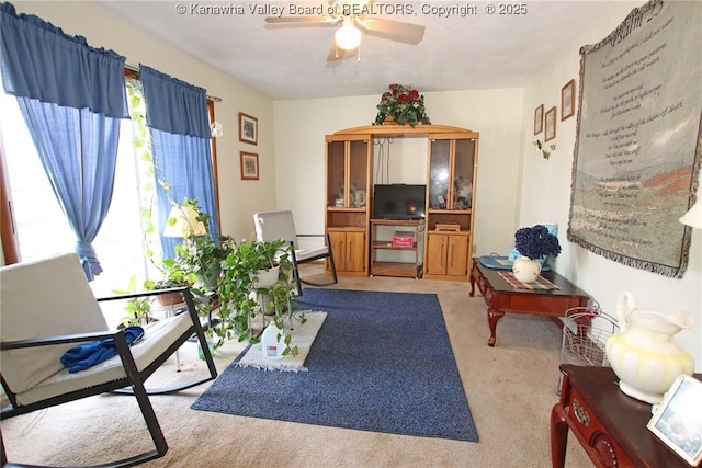 5005 Buffy Dr, Cross Lanes, WV 25313 - carpeted living area featuring ceiling fan and an office area