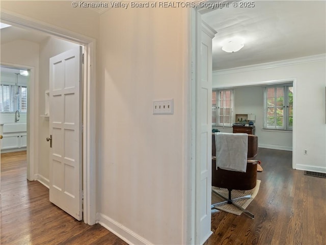 5 Manor Pl, Charleston, WV 25311 - corridor with ornamental molding, a desk, and dark wood-style floors