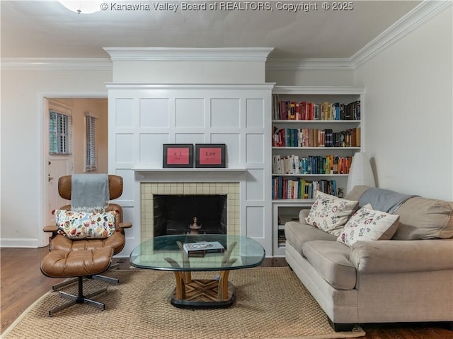 5 Manor Pl, Charleston, WV 25311 - living area with crown molding, wood finished floors, and a fireplace