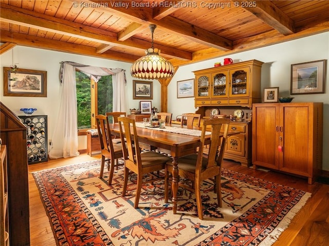 114 Shady Ln, Winfield, WV 25213 - dining space featuring a wooden ceiling with exposed beams and light wood-style flooring