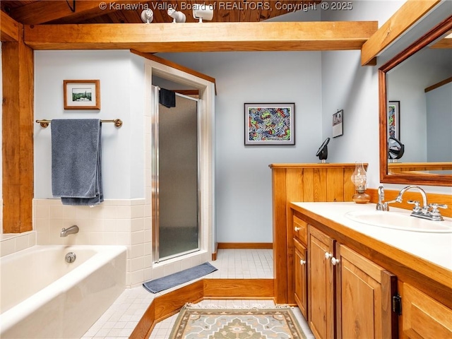 114 Shady Ln, Winfield, WV 25213 - full bath with vanity, a garden tub, a stall shower, and tile patterned floors