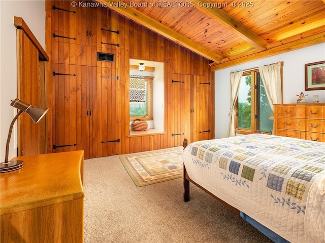 114 Shady Ln, Winfield, WV 25213 - bedroom featuring wooden ceiling, carpet, and wooden walls