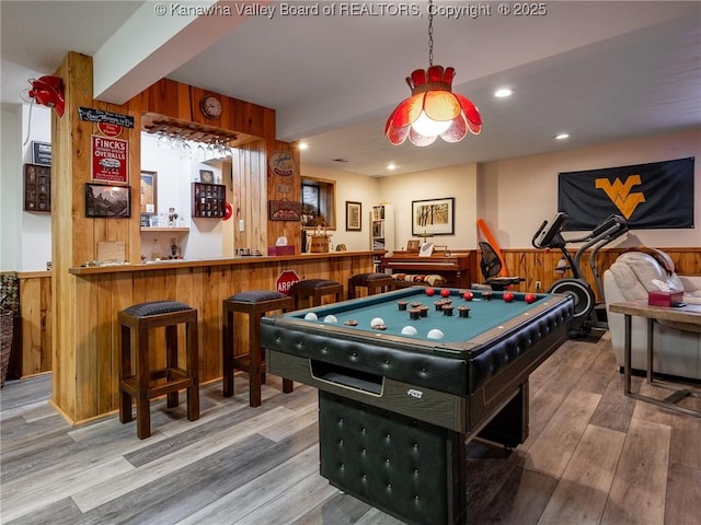 114 Shady Ln, Winfield, WV 25213 - game room with wooden walls, wood finished floors, bar, billiards table, and wainscoting