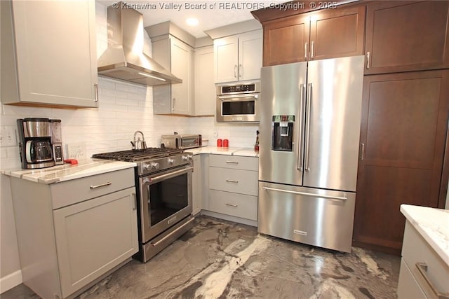 1500 Longridge Rd, Charleston, WV 25314 - kitchen with high quality appliances, wall chimney range hood, dark marble finish floors, decorative backsplash, and light stone counters