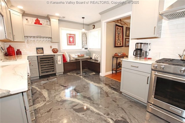1500 Longridge Rd, Charleston, WV 25314 - kitchen with wine cooler, stainless steel gas range oven, wall chimney range hood, ornamental molding, and decorative backsplash