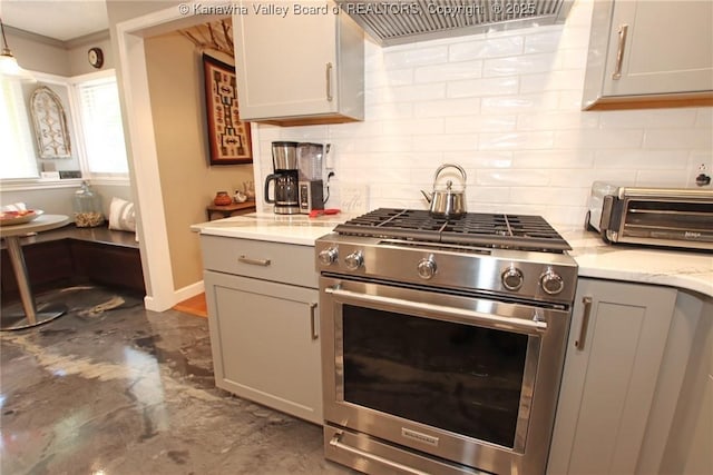 1500 Longridge Rd, Charleston, WV 25314 - kitchen with high end stove, gray cabinetry, tasteful backsplash, light countertops, and crown molding