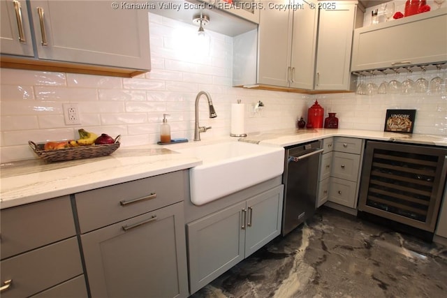 1500 Longridge Rd, Charleston, WV 25314 - kitchen featuring gray cabinets, wine cooler, decorative backsplash, stainless steel dishwasher, and light stone countertops