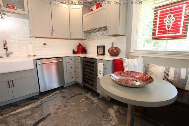 1500 Longridge Rd, Charleston, WV 25314 - kitchen with stainless steel dishwasher, gray cabinetry, wine cooler, and light countertops