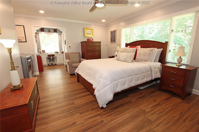 1500 Longridge Rd, Charleston, WV 25314 - bedroom featuring dark wood-style flooring, recessed lighting, crown molding, and a ceiling fan