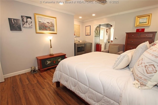1500 Longridge Rd, Charleston, WV 25314 - bedroom with dark wood-type flooring, ornamental molding, recessed lighting, and separate washer and dryer