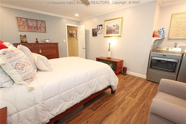 1500 Longridge Rd, Charleston, WV 25314 - bedroom with washer / clothes dryer, ornamental molding, light wood-style floors, and recessed lighting
