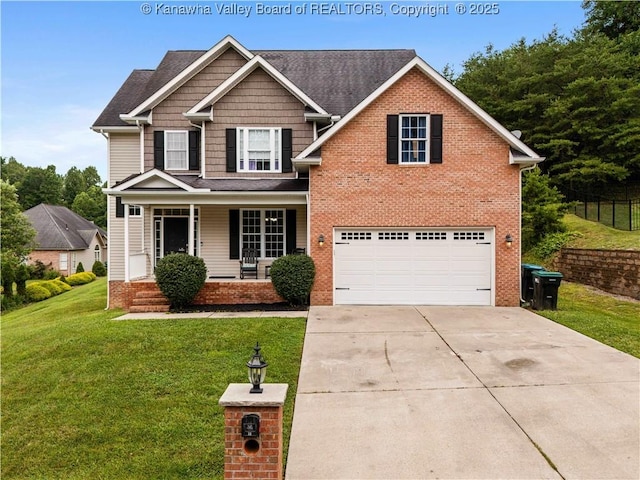35 Hyde Park Rd, Winfield, WV 25213 - view of front of property featuring concrete driveway, a porch, an attached garage, brick siding, and roof with shingles