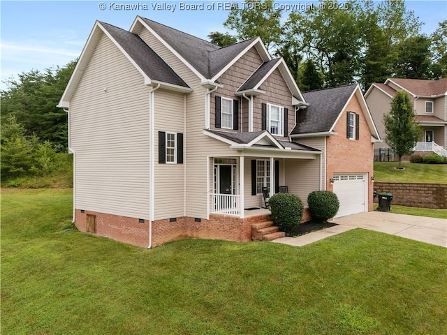 35 Hyde Park Rd, Winfield, WV 25213 - view of front of property with a porch, driveway, crawl space, a front lawn, and roof with shingles