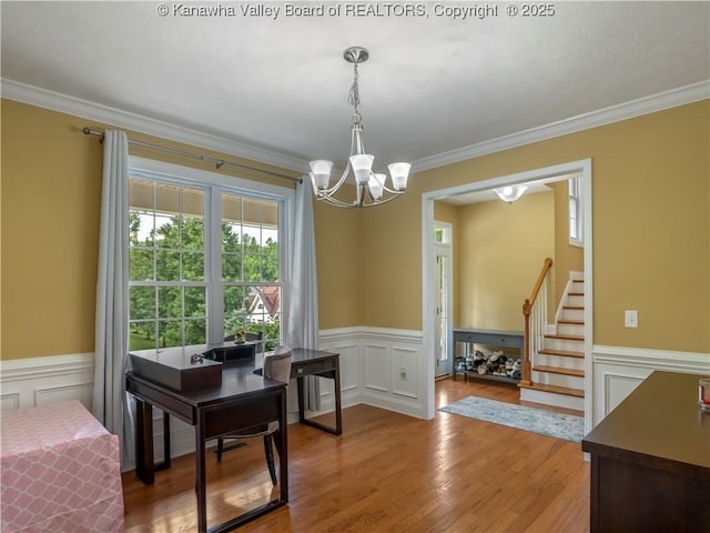 35 Hyde Park Rd, Winfield, WV 25213 - office with wainscoting, a chandelier, a decorative wall, ornamental molding, and light wood finished floors