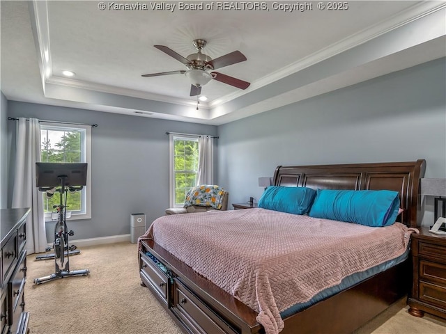 35 Hyde Park Rd, Winfield, WV 25213 - bedroom featuring light colored carpet, a tray ceiling, ornamental molding, recessed lighting, and a ceiling fan