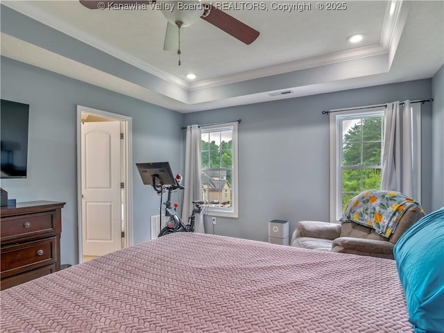 35 Hyde Park Rd, Winfield, WV 25213 - bedroom with ornamental molding, a tray ceiling, recessed lighting, and a ceiling fan
