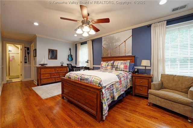 135 E Ridge Rd, Charleston, WV 25314 - bedroom featuring wood finished floors, ornamental molding, recessed lighting, and ceiling fan