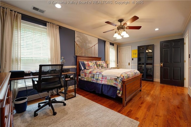 135 E Ridge Rd, Charleston, WV 25314 - bedroom featuring ornamental molding, wood finished floors, recessed lighting, an office area, and a ceiling fan