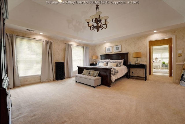 135 E Ridge Rd, Charleston, WV 25314 - bedroom with a chandelier, light colored carpet, multiple windows, and recessed lighting