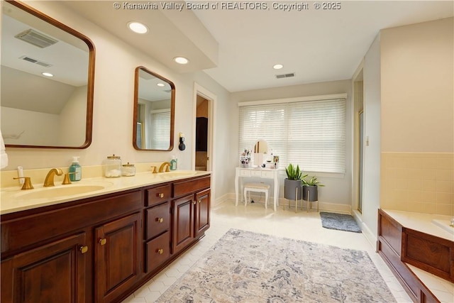 135 E Ridge Rd, Charleston, WV 25314 - bathroom featuring double vanity, a bath, recessed lighting, and a shower with door