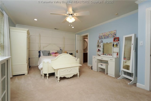 135 E Ridge Rd, Charleston, WV 25314 - bedroom featuring crown molding, light colored carpet, ceiling fan, and recessed lighting