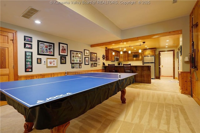 135 E Ridge Rd, Charleston, WV 25314 - game room with light carpet, wet bar, recessed lighting, and beamed ceiling