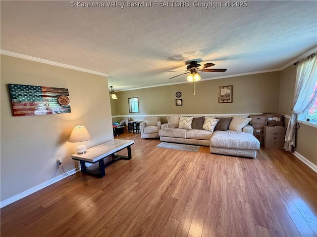 169 Myrtle Tree Rd, South Charleston, WV 25309 - living room featuring wood finished floors, a ceiling fan, crown molding, and a textured ceiling