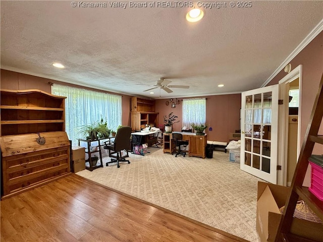 169 Myrtle Tree Rd, South Charleston, WV 25309 - office area featuring a textured ceiling, crown molding, a ceiling fan, light wood finished floors, and recessed lighting