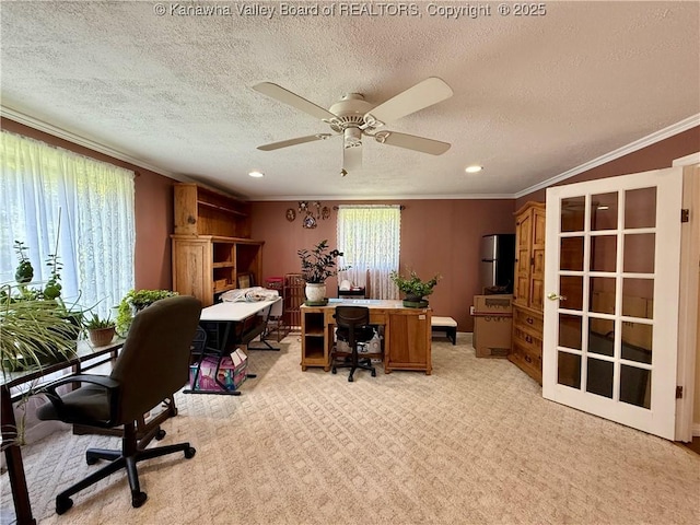 169 Myrtle Tree Rd, South Charleston, WV 25309 - home office featuring a ceiling fan, ornamental molding, recessed lighting, a textured ceiling, and light carpet