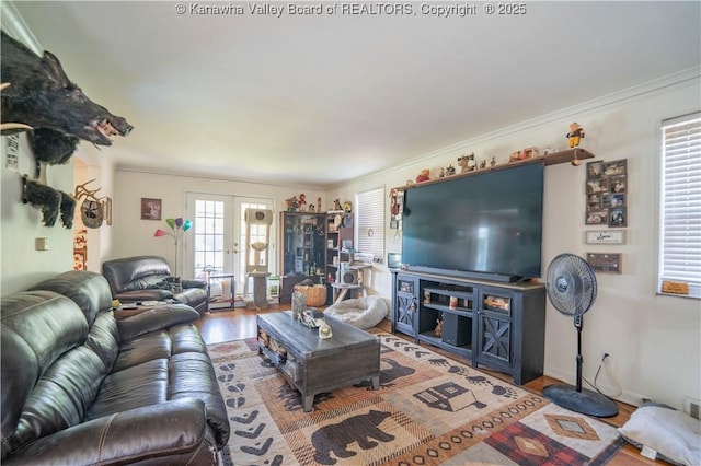 1324 Kanawha Ave, Dunbar, WV 25064 - living room featuring wood finished floors, ornamental molding, and french doors