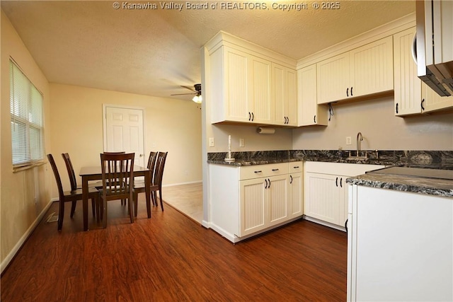 55 Corky Dr, Poca, WV 25159 - kitchen featuring dark wood-style flooring, ceiling fan, white cabinetry, a textured ceiling, and dark stone countertops