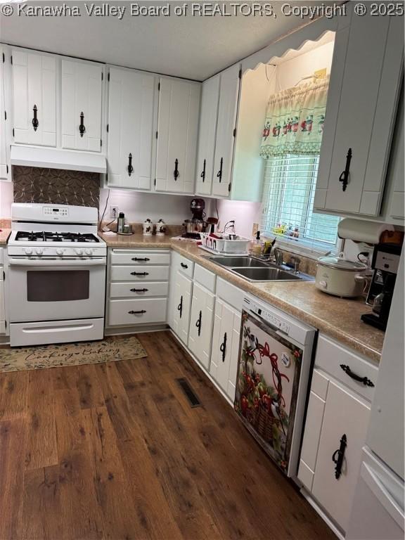 1198 Caney Branch Rd, Chapmanville, WV 25508 - kitchen with white appliances, under cabinet range hood, dark wood-style flooring, white cabinets, and light countertops