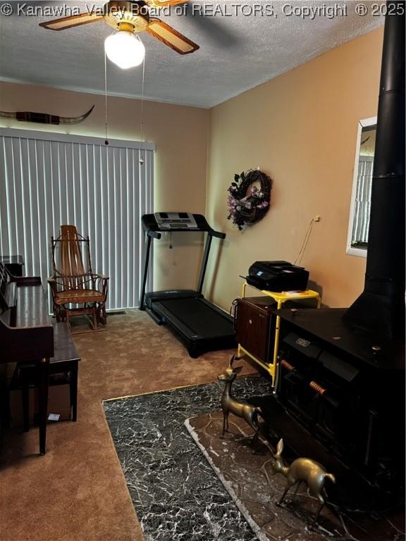 1198 Caney Branch Rd, Chapmanville, WV 25508 - exercise room with carpet floors, a textured ceiling, a ceiling fan, and a wood stove