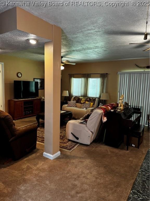 1198 Caney Branch Rd, Chapmanville, WV 25508 - carpeted living area with a textured ceiling and ceiling fan