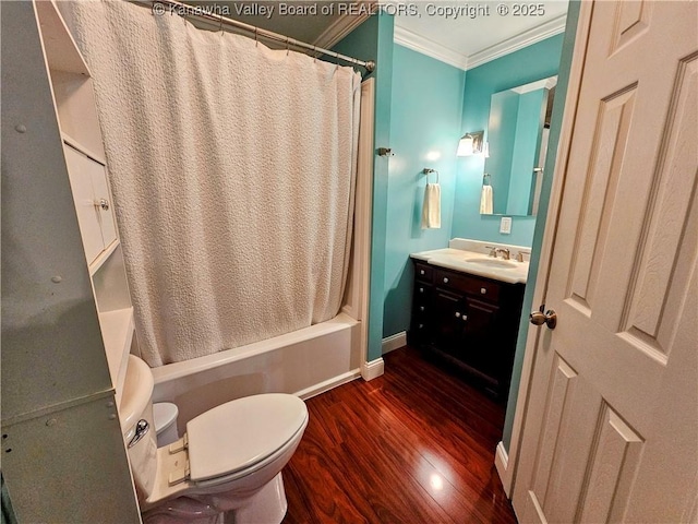 438 Tanglewood Dr, Point Pleasant, WV 25550 - bathroom with crown molding, vanity, shower / bath combo with shower curtain, and wood finished floors