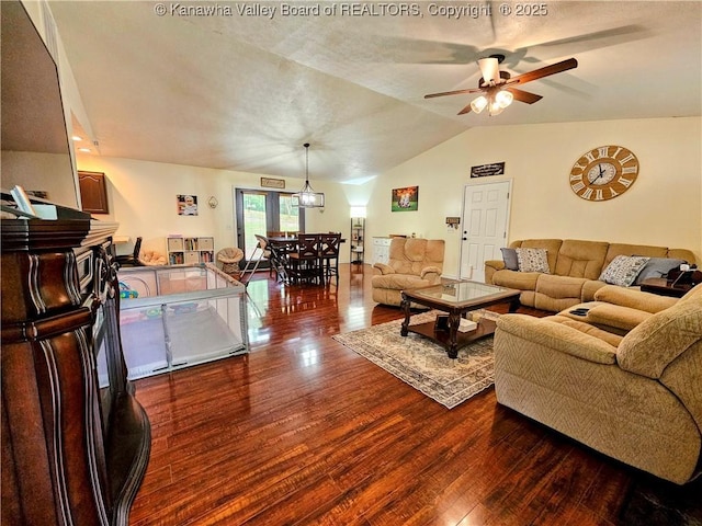 438 Tanglewood Dr, Point Pleasant, WV 25550 - living room with dark wood finished floors, vaulted ceiling, and ceiling fan