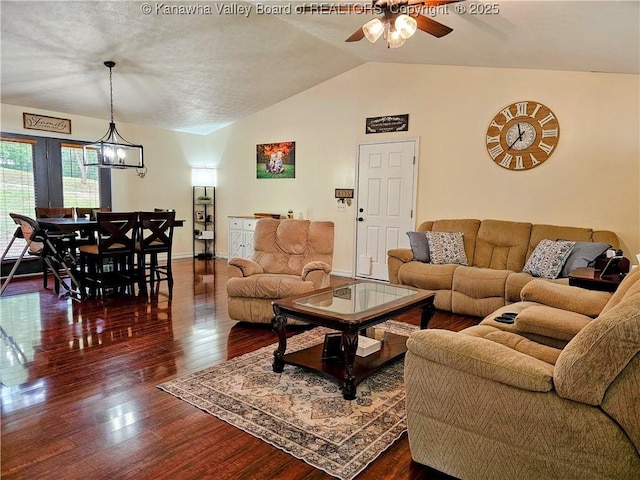 438 Tanglewood Dr, Point Pleasant, WV 25550 - living area featuring vaulted ceiling, dark wood-type flooring, and ceiling fan
