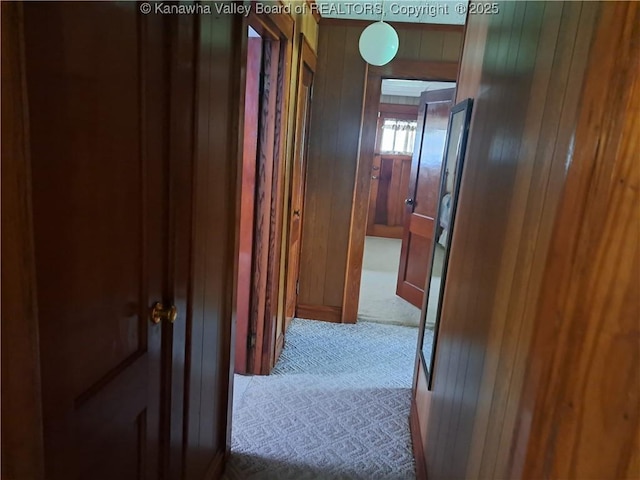 588 Saunders Creek Rd, Milton, WV 25541 - corridor with wooden walls and carpet flooring