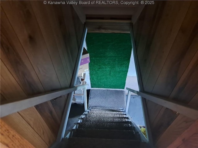 588 Saunders Creek Rd, Milton, WV 25541 - stairs featuring wooden walls