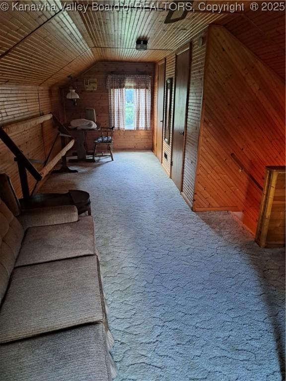588 Saunders Creek Rd, Milton, WV 25541 - unfurnished living room featuring wood walls, wooden ceiling, carpet flooring, and vaulted ceiling