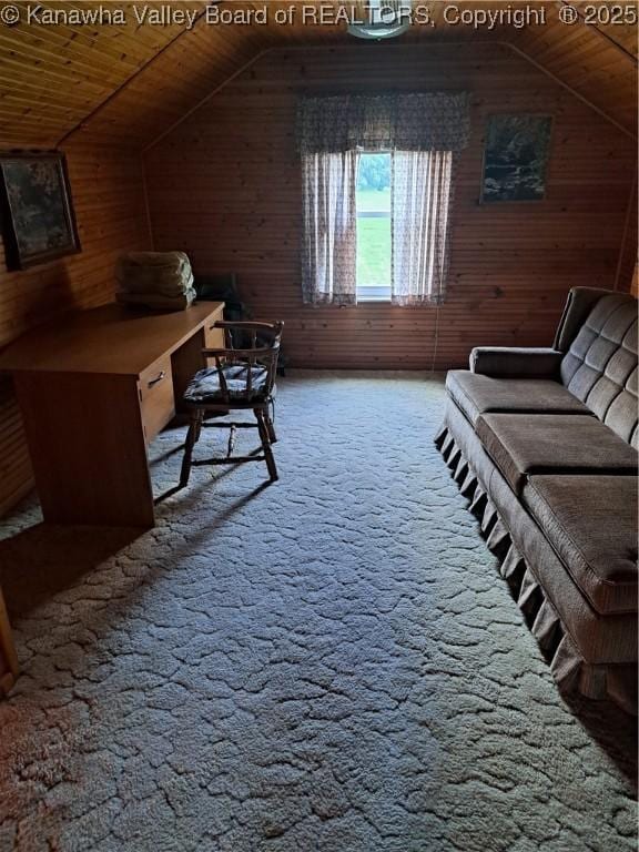 588 Saunders Creek Rd, Milton, WV 25541 - bonus room featuring wooden walls, carpet flooring, vaulted ceiling, and wood ceiling