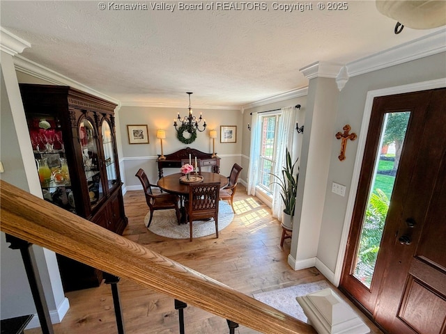 255 Stoney Brook Dr, Point Pleasant, WV 25550 - dining space featuring plenty of natural light, crown molding, light wood finished floors, a textured ceiling, and a chandelier