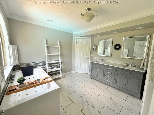 255 Stoney Brook Dr, Point Pleasant, WV 25550 - bathroom featuring crown molding, double vanity, a jetted tub, marble look tiles, and a textured ceiling